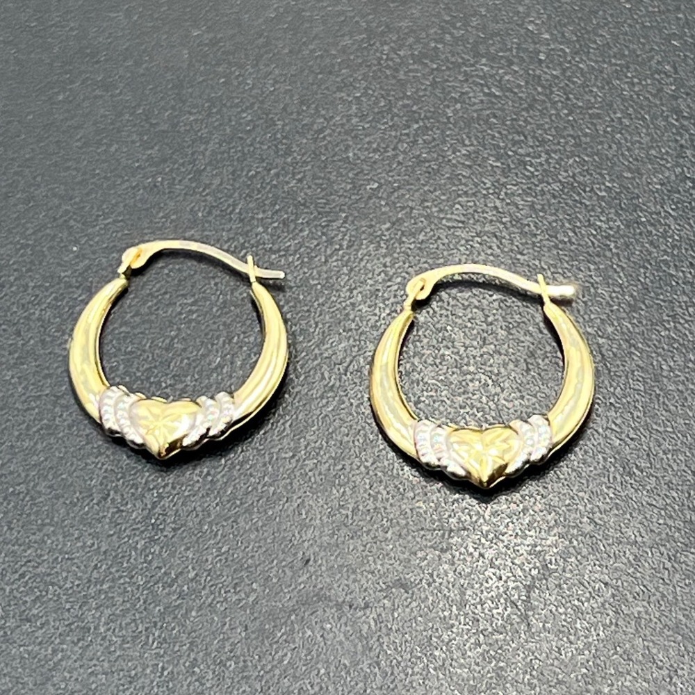 Designer Vintage Two Tone Yellow 10k White Gold Diamond Cut Heart Small Hoops